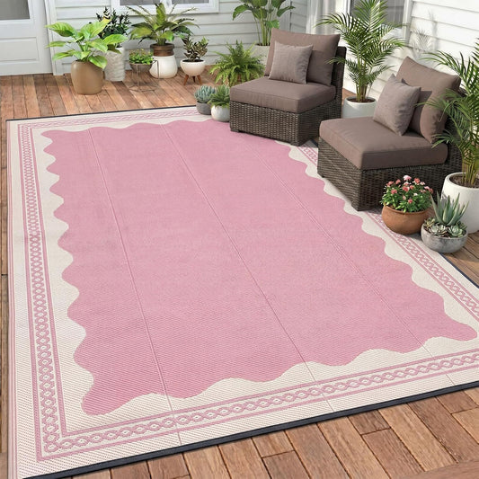 Dunzy Scalloped Outdoor Patio Rug, 5 x 8 ft Non-Slip Plastic Straw Scalloped Carpet Waterproof Indoor Outdoor Area Mat for Outside Rv Camping Deck Pool Beach Porch Backyard(Pink)