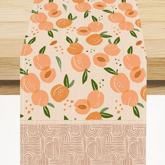 Peach Linen Table Runner, Retro Rustic Bohemian Fresh Pink Orange Food Fruit Leaves Geometric Line Seamless Pattern Home Decoration for Party Living Room Kitchen Dining Coffee Table 13x36in x1 Panel