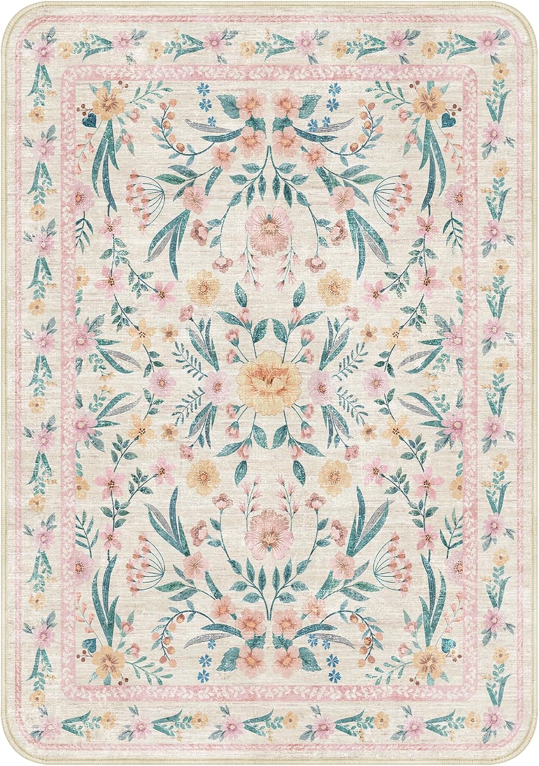 Pink Boho Rug 5x8 with Rounded Corners – Washable Floral Pastel Non-Slip Area Rug for Nursery, Girls Bedroom, Kids Room, Living Room, Playroom, Dorm Decor