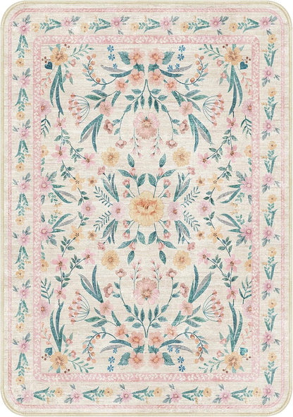 Pink Boho Rug 5x8 with Rounded Corners – Washable Floral Pastel Non-Slip Area Rug for Nursery, Girls Bedroom, Kids Room, Living Room, Playroom, Dorm Decor
