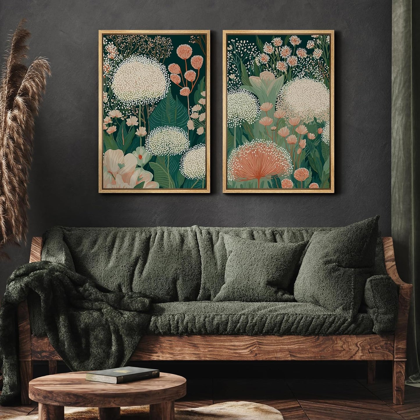 MUDECOR Framed Canvas Print Wall Art Set Botanical Floral Green Garden Flowers with White and Peach Blooms Illustrations Modern Art Decorative Zen for Living Room, Bedroom, Office - 24"x36"x2 Natural