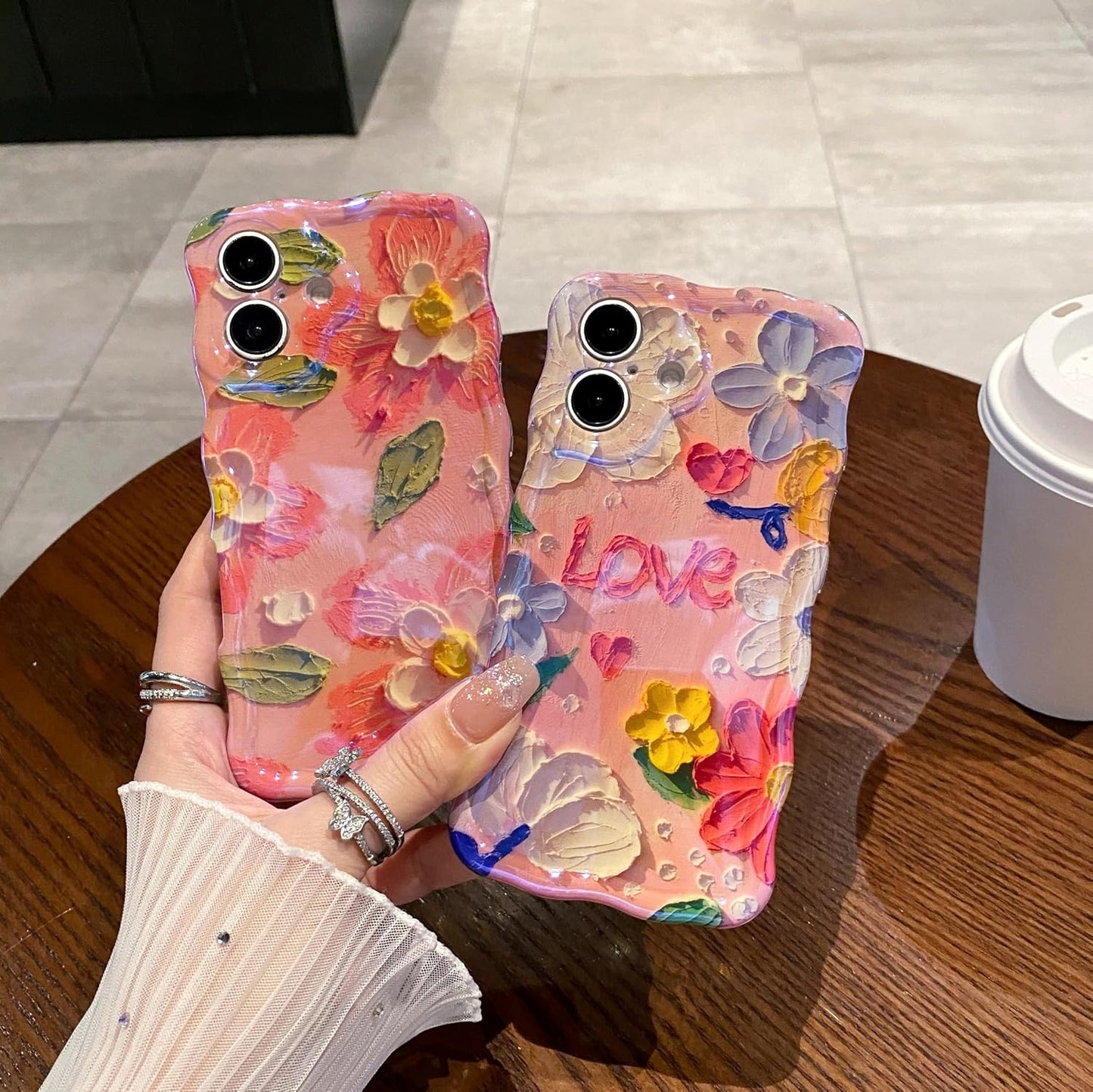 Case for iPhone 16, Colorful Retro Oil Painting Printed Flower Laser Glossy Pattern Cute Curly Wave Edge Exquisite Phone Cover Stylish Durable TPU Protective Case (Peach)