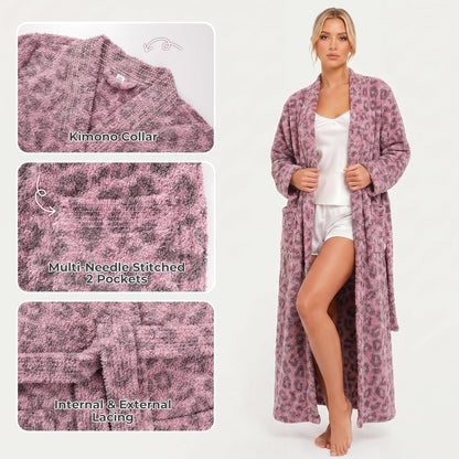 U2SKIIN Womens Leopard Plush Robe, Long Floor Length Bathrobe with Pockets, Ultra Soft Winter Housecoat for Home