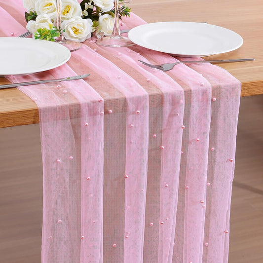 BINBE 4pcs Pearl Table Runner Spring Summer Rustic Boho 10ft Tulle Table Runner for Baby Shower Wedding Veil Holiday Dessert Table Decor Pink