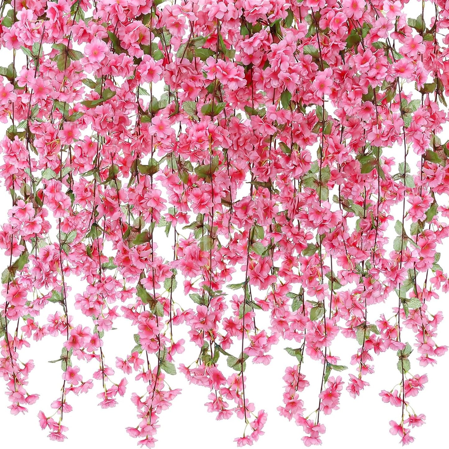 Nuenen 12 Pcs 92.5 FT Artificial Cherry Blossom Flower Vines Bulk Faux Cherry Hanging Garland Pink Flower Vines Silk Flowers Garland with Green Leaves for Party Decor (Rose Red)