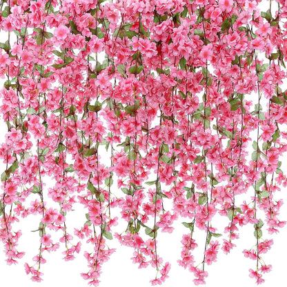 Nuenen 12 Pcs 92.5 FT Artificial Cherry Blossom Flower Vines Bulk Faux Cherry Hanging Garland Pink Flower Vines Silk Flowers Garland with Green Leaves for Party Decor (Rose Red)