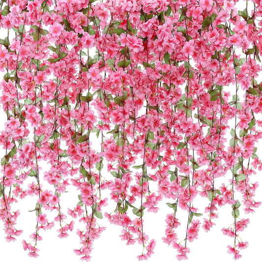 Nuenen 12 Pcs 92.5 FT Artificial Cherry Blossom Flower Vines Bulk Faux Cherry Hanging Garland Pink Flower Vines Silk Flowers Garland with Green Leaves for Party Decor (Rose Red)