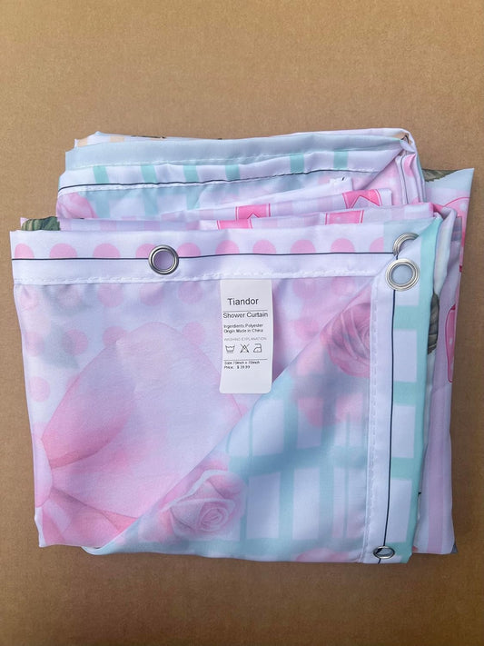 Tiandor Boho Floral Bow Shower Curtain Vintage Patchwork Cute Pink Green Flower Rustic Farmhouse Girls Woman Fabric Polyester Bathroom Decor Set with Hooks (70" L x 70" W)