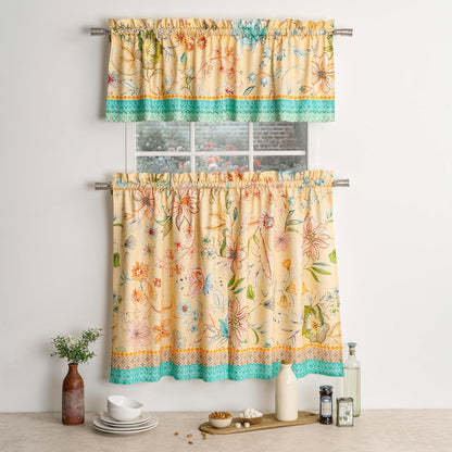 Maison d' Hermine Kitchen Curtain Set for Windows 100% Cotton Set of Kitchen Curtain Valance for Home [2 Tier (28"X36") and 1 Valance (56"X18")] Cafe Spring Summer (Luxury Loft - Peach)