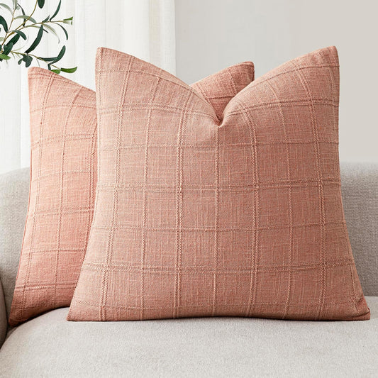 Foindtower Set of 2 Decorative Linen Check Throw Pillow Covers Neutral Farmhouse Vintage Cushion Covers Modern Boho Accent Home Decor for Sofa Chair Couch Bedroom Living Room,20×20 Inch,Coral Pink