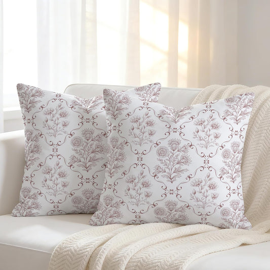 Vintage Floral Throw Pillow Covers 18x18 Set of 2, Soft Velvet Romantic Flower Cushion Cases, Muted Damask Patterned Pillowcases for Bedroom Sofa Decor (Dusty Rose Pink)