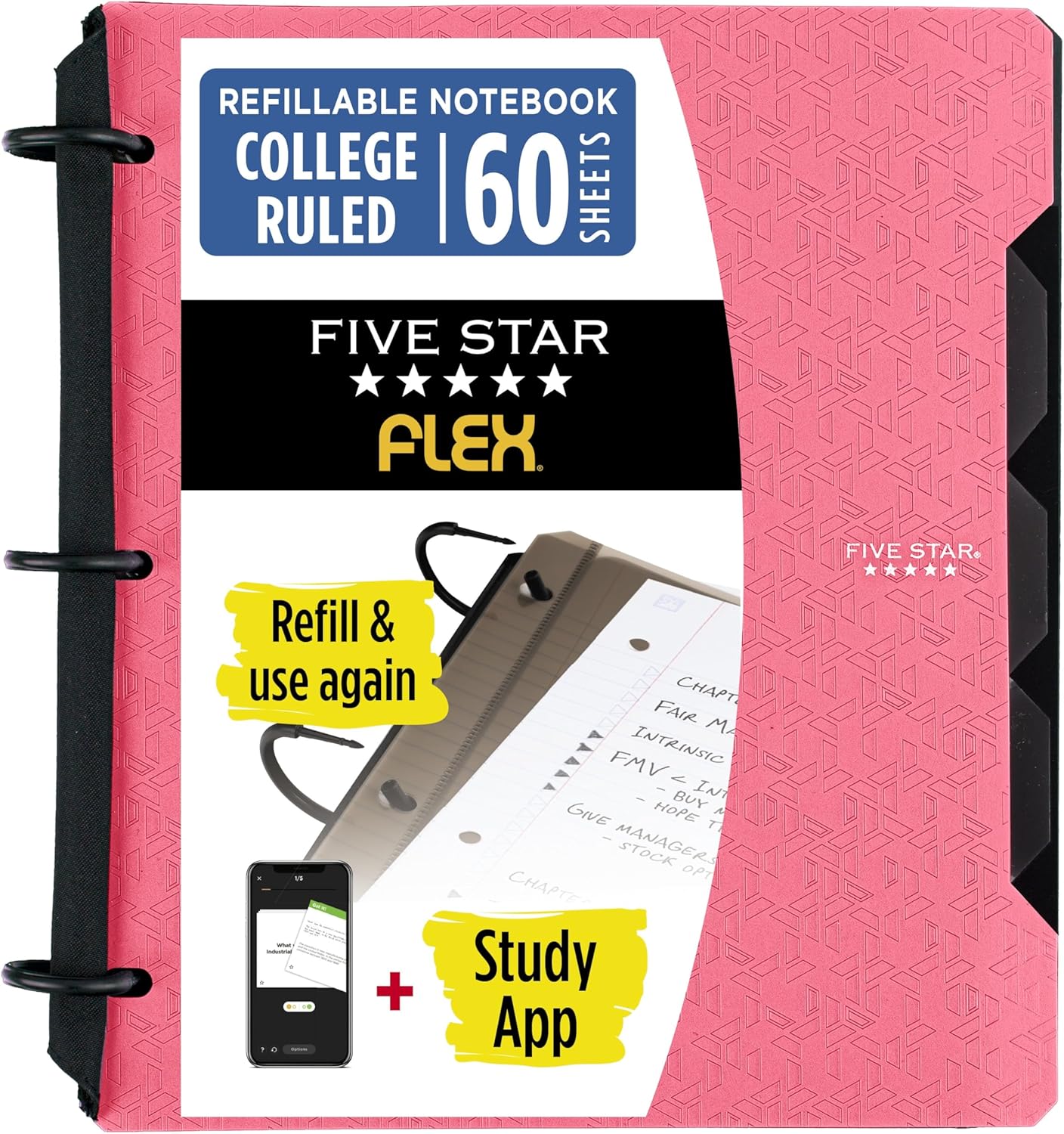 Five Star Flex Refillable Notebook + Study App 1 Inch O-Rings Binder with Pockets Tabs and Dividers, 220 Sheet Capacity, Includes 60 Sheets 8.5" x 11" College Ruled Paper, Prom Pink (293280R)