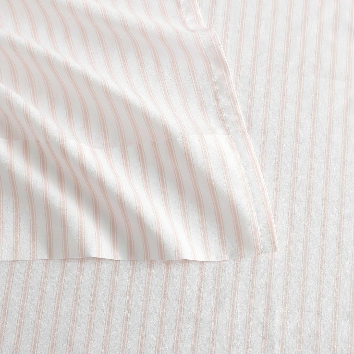 Martha Stewart - Full Size Sheets Set, Crisp & Tailored Cooling Sheets with a Smooth Cotton Percale Lightweight Feel - Bed Sheets with Matching Pillowcases & Fitted Sheet (Ticking Stripe Pink)