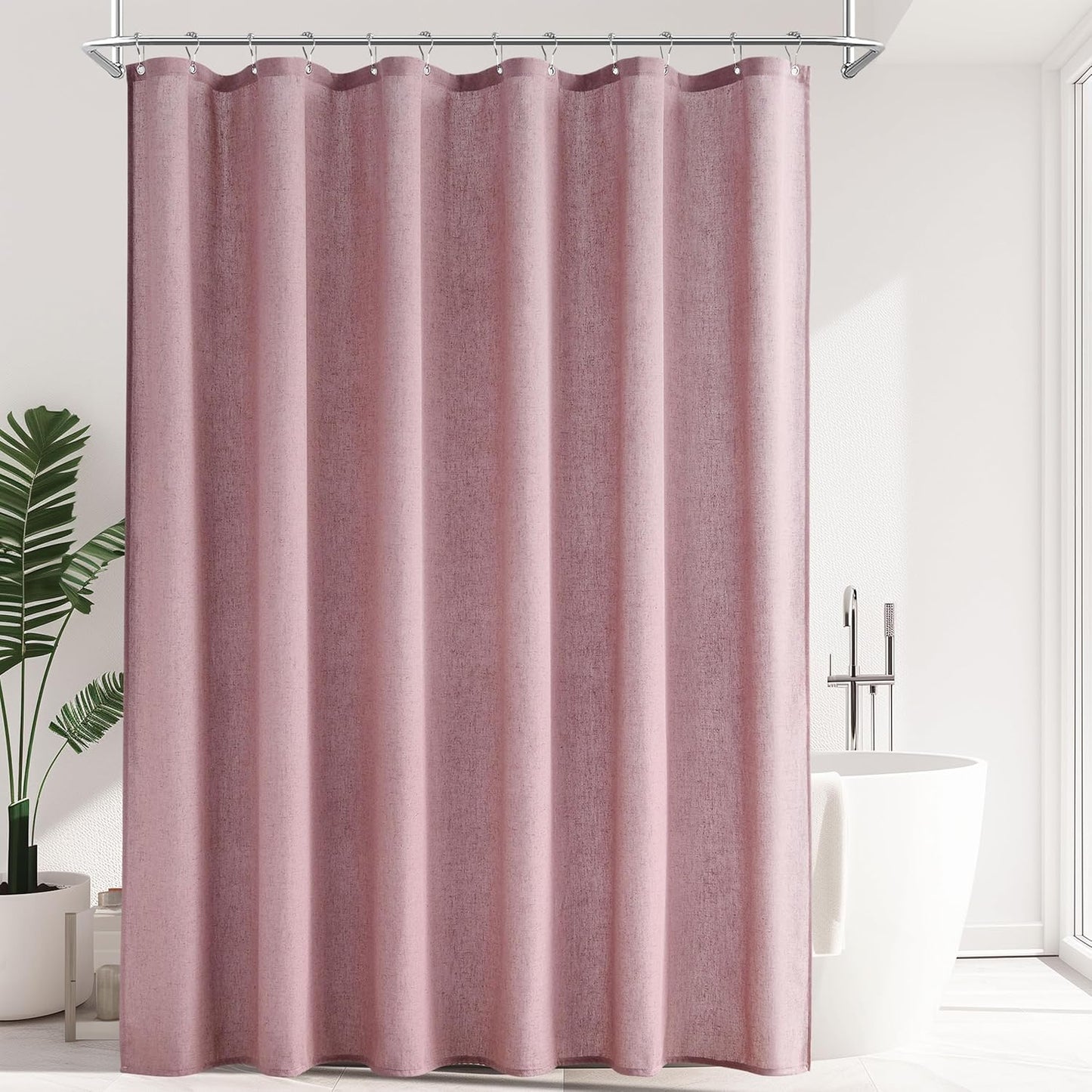 Blush Pink Linen Shower Curtain, Boho Farmhouse Shower Curtain Set for Bathroom, 200GSM Luxury Weighted Water Resistant Fabric Textured Shower Curtains with 12 Metal Hooks, 72Wx72H