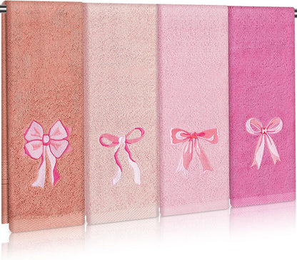 SmoothNovelty 4 PCS Pink Bow Hand Towels Set 29" x 13" Coquette Bow Embroidered Decorative Towel Absorbent Kitchen Bath Preppy Decor for Hand Drying Bridal Shower Wedding Gift