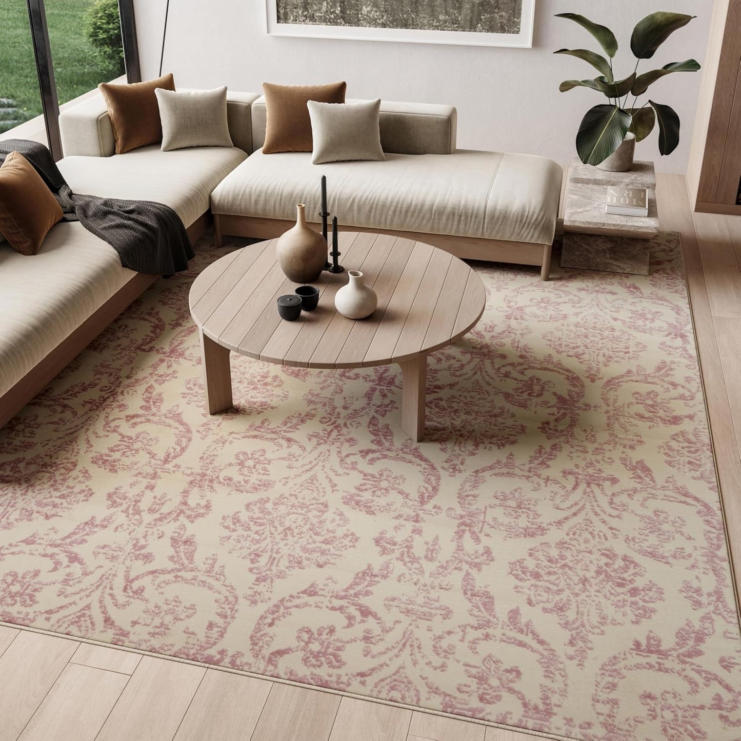 Nourison Home Jubilant Ivory Pink 6' x 9' Area Rug - Easy Clean, Non Shedding, Bed Room, Living Room, Dining Room, Kitchen (6' x 9')