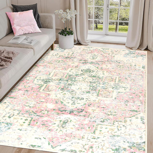 5x7 Washable Area Rugs Green and Pink Rug for Bedroom Girls Soft Boho Vintage Floor Carpet Non-Slip Oriental Rug for Bedside Nursery Living Room Dinning Room