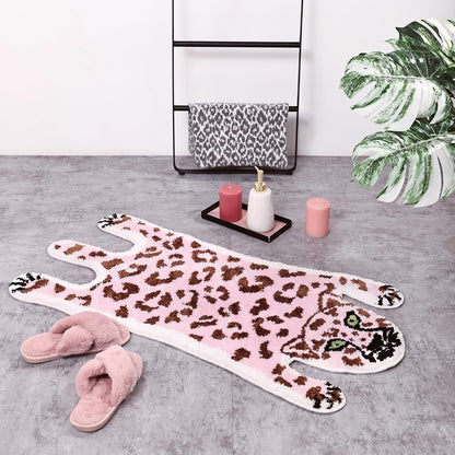Panstar Cute Pink Leopard Bath Mat for Bathroom, Cute Cartoon Bath Mat Non Slip Animals Shaped Absorbent Bathtub Rug Bathroom Plush Shower Rugs