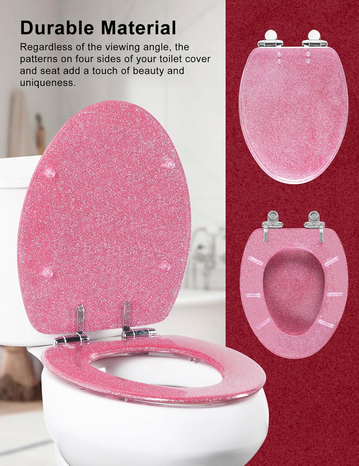 Angol Shiold ELONGATED Pink Toilet Seat Resin Glitter, Slow Close Heavy Duty Acrylic Toilet Seats for Standard Toilets, Easy Installation & Cleaning(19Inch, Pink Glitter, Upgraded hinges)