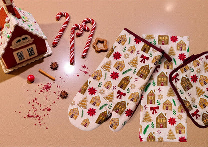 Holiday Kitchen Dish Towel and Pot Holders – Set of 3 100% Cotton Pink Gingerbread Houses, Trees, and Poinsettia Design – One (1) Kitchen Towel, One (1) Oven Mitt, and One (1) Pot Holder
