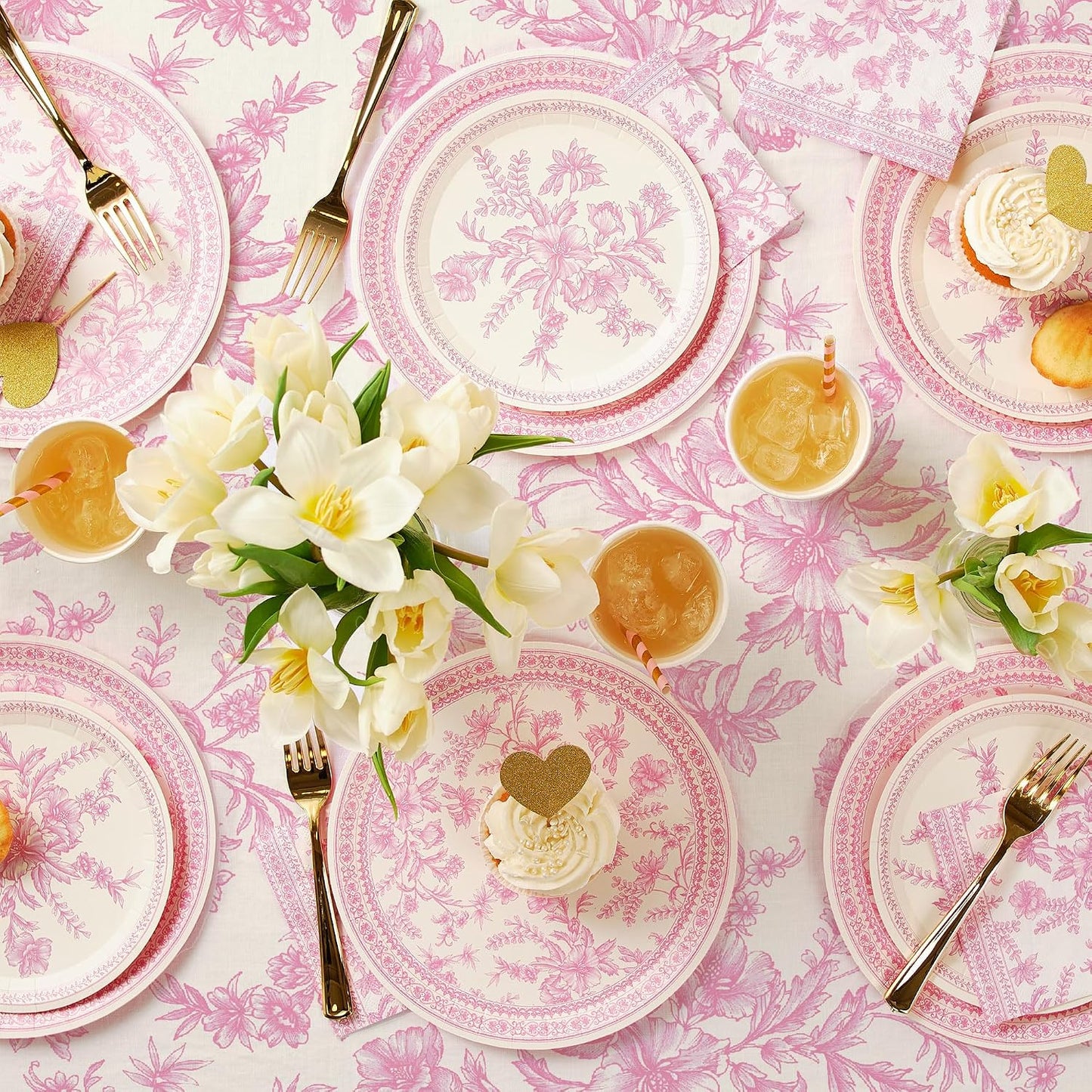 Coterie Pink Toile Paper Tablecloth | Rectangle Tablecloth/Table Cover for Bridal and Baby Shower, Tea Party, Garden Party, Birthday | 8.5' by 4.5' Table Cloth Rectangle Table