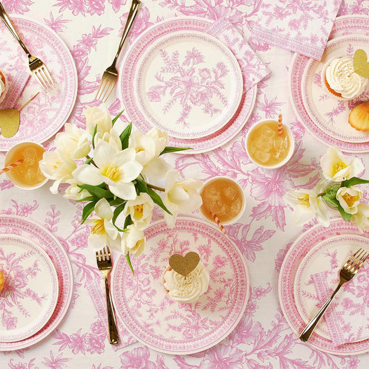 Coterie Pink Toile Paper Tablecloth | Rectangle Tablecloth/Table Cover for Bridal and Baby Shower, Tea Party, Garden Party, Birthday | 8.5' by 4.5' Table Cloth Rectangle Table