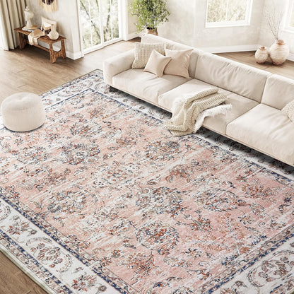 RYB HOME Non Slip Washable Runner Rug 2x6 ft, Anti-sratch Pet Friendly Boho Vintage Low Pile Floral Rug Carpet Runner for Kitchen Hallway, Pink