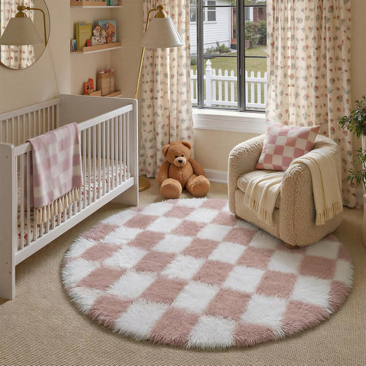 PureCozy Checkered 4x4 Round Rug for Playroom, Pink and White Modern Shag Rugs Super Soft Washable Fluffy Carpet Indoor Office Fuzzy for Bedroom Living Romm Home Dorm Aesthetic Decor