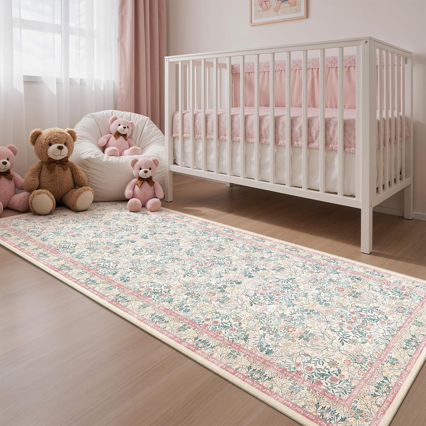 2x6 Runner Rug, Pink Floral Rug for Entryway, Moynesa Washable Kitchen Rugs with Rubber Backing, Thin Soft Botanical Runners for Hallways, Kids Room, Playroom, Nursery(2'x6', Pink)