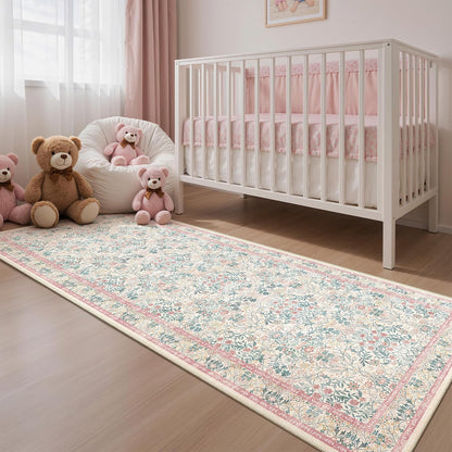 2x6 Runner Rug, Pink Floral Rug for Entryway, Moynesa Washable Kitchen Rugs with Rubber Backing, Thin Soft Botanical Runners for Hallways, Kids Room, Playroom, Nursery(2'x6', Pink)