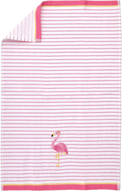 Ritz 2-Piece Cotton Velour Bathroom Hand Towel Set, Embroidered Flamingo Design, Soft Pink Pinstripe Decorative Towels for Tropical, Coastal, or Pool House Decor, 16” x 26”
