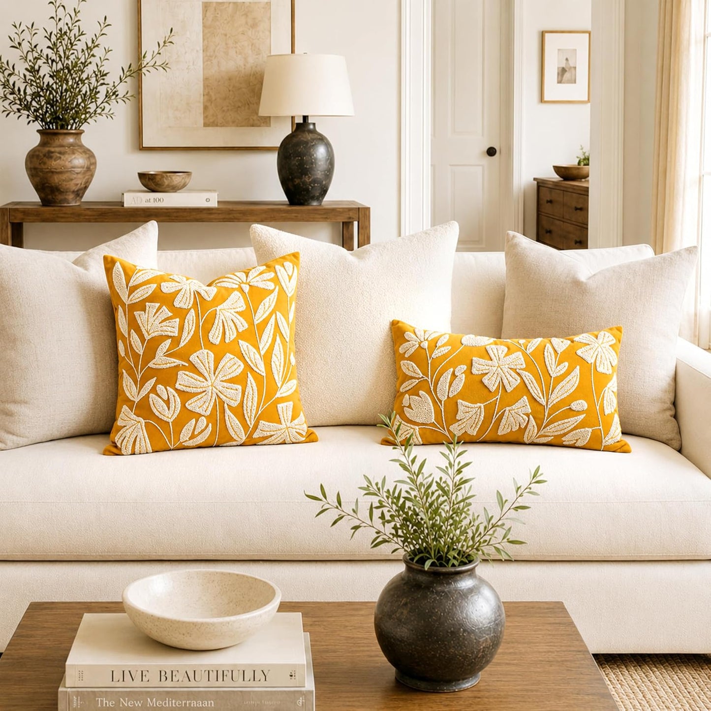 BlissBlush Throw Pillow Cover 20x20 Inch, Mustard Floral Tufted Velvet Decorative Accent Pillow Case for Sofa Bed Living Room, Cover Only