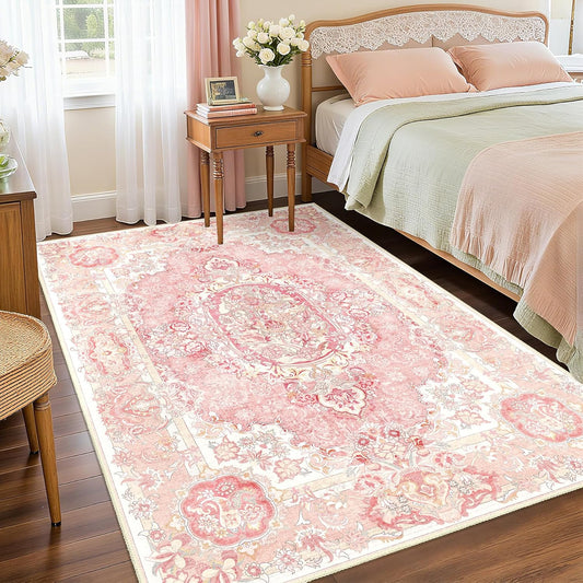 Boho Washable Area Rug 3x5, Vintage Floral Low Pile Non Slip Rug for Bedroom Living Room Entryway, Soft Farmhouse Decorative Carpet,Blush Pink