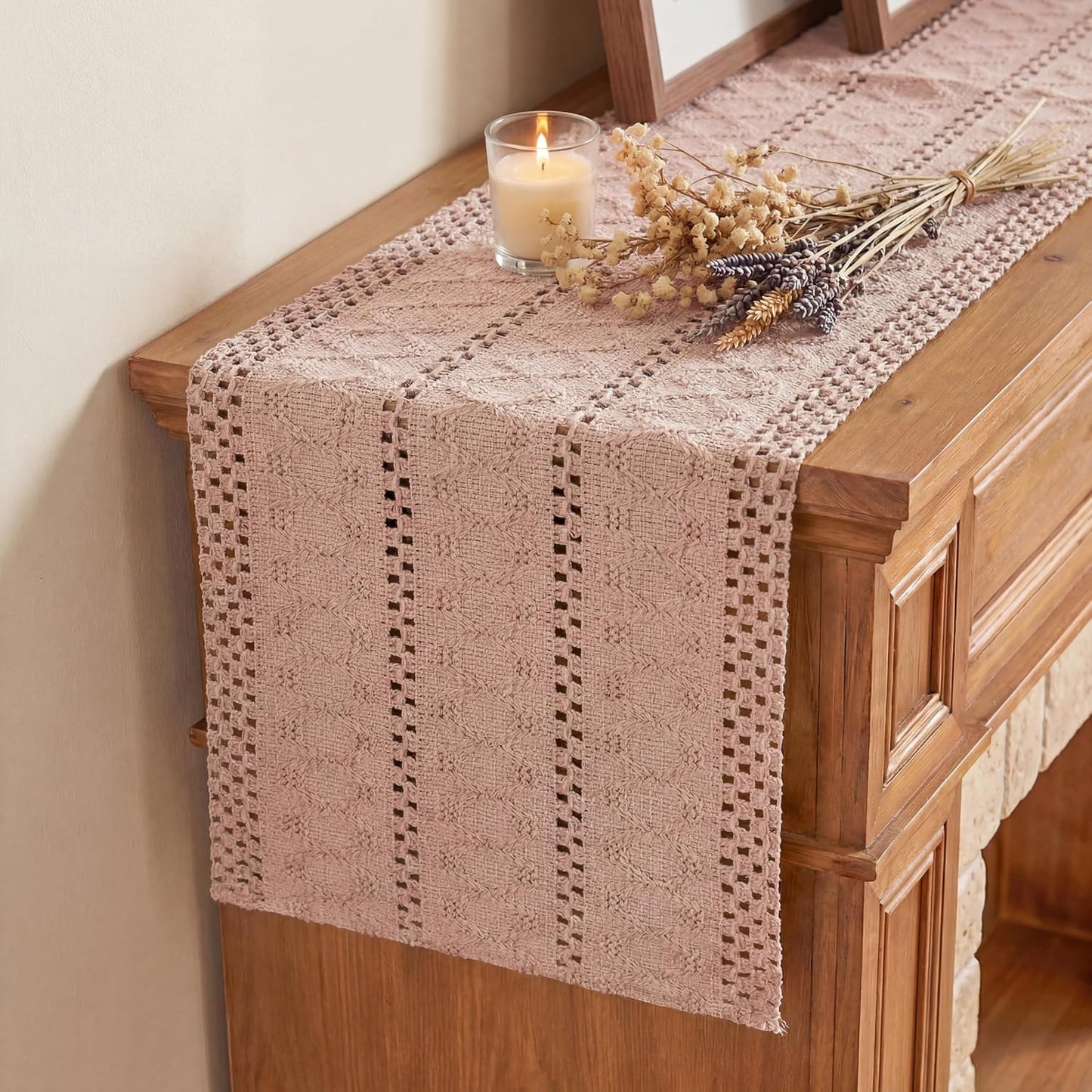 Artoid Mode Pink Farmhouse Woven Rustic Hollow Table Runner, Seasonal Holiday Hollow Kitchen Dining Table Decoration for Home Party Decor 12x72 Inch