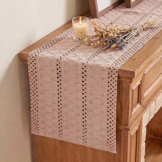 Artoid Mode Pink Farmhouse Woven Rustic Hollow Table Runner, Seasonal Holiday Hollow Kitchen Dining Table Decoration for Home Party Decor 12x72 Inch