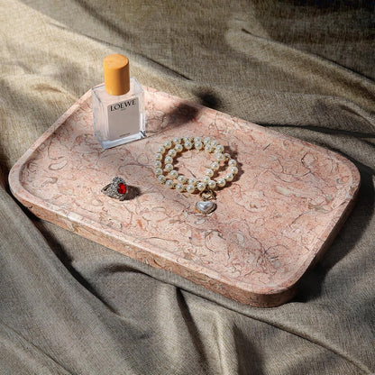 Koville Marble Tray, 12"x8" Natural Marble Vanity Tray for Countertop Bathroom Kitchen Dresser, Decorative Catchall Trays for Perfume Jewelry, Rectangular Stone Serving Tray(Pink)