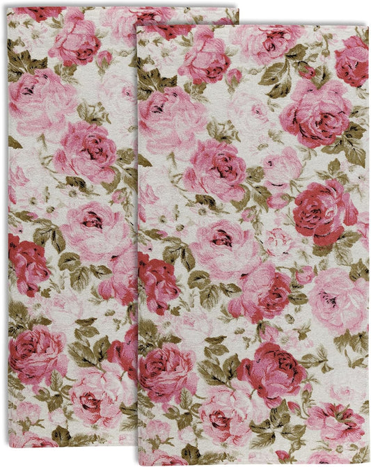 Retro Pink Red Rose Flowers Hand Towel for Bathroom Set of 2,Watercolor Rose Floral Bathroom Hand Towel Fingertip Towel,Soft Absorbent Decorative Guest Towel for Hotel Home