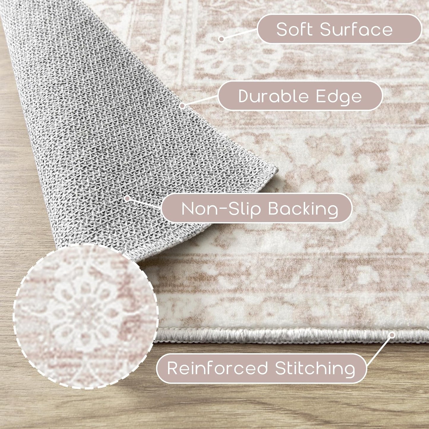 Pink Area Rug for Living Room Low Pile Soft 8 x 10 Carpet with Non Slip Washable Neutral Boho Floral Rugs for Hardwood Floor Protector Extra Large Area Rugs 8x10 for Big Nursery Bedroom Livingroom