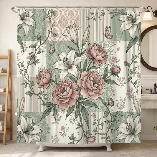 Peony Shower Curtain, Vintage Floral Lilies Butterfly Spring Pastel Peach Polyester Waterproof Design Print Bath Curtains for Bathroom Toile Guest Room Decor 72x78 Inch