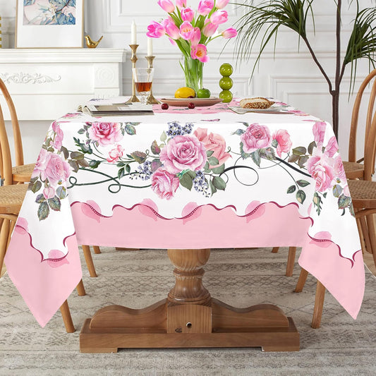 Yighty Pink Rectangle Tablecloth, Rose Flower Printed, Waterproof Floral 60x84inch, Suitable for Indoor and Outdoor, Holiday Kitchen Restaurant and Party
