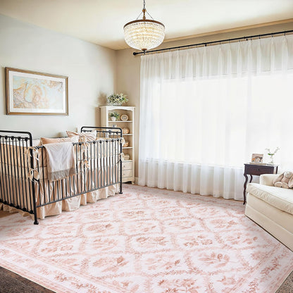 Pink Rugs for Bedroom Boho Light Blush Pink Floral Area Rugs Nursery for Baby Girl, Cute Foldable Machine Washable Distressed Carpet for Living Room Bedroom Dorm Kids Playroom 5x7