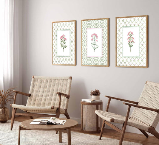 3Pcs Pink Green Floral Wall Art Wildflower Baby Room Painting Picture Wall Decor Pastel Botanical Poster Print Artwork for Bedroom Living Room Girls Bedroom Nursery Dining Room Home Decoration