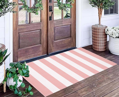 Pink White Outdoor Rug 2'x4',Striped Front Porch Rug Machine Washable Front Door Mat Entryway Throw Rug for Front Porch Indoor Outdoor Doormat