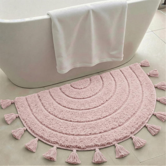 Boho Bathroom Rugs Vintage Half Circle Bath Mat with Tassels Crochet Insert, Handwoven Non-Slip Backing Cute Bath Mats for Bathroom Floor Tub, Boho Decor, Washable, Pink, 20"x32"