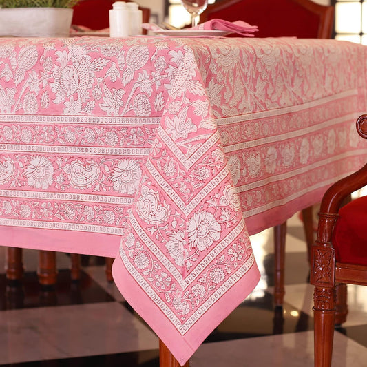 Labhanshi Indian Handblock Print Floral Table Cloth|100% Cotton Canvas Table Cover |60x90 Inch 6-Seater Rustic Farmhouse Boho Mother's Day Festive Holiday Decor for Dining Table|Pink Rose
