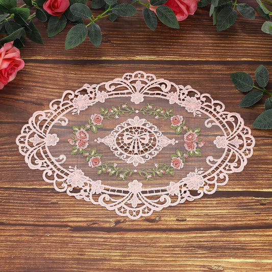 uxcell 2 Pcs Lace Placemats, 11x15-in Vintage Table Doilies Oval Embroidered Crochet Lace Dolly Cup Mat for Table Vase Home Decor, Pink