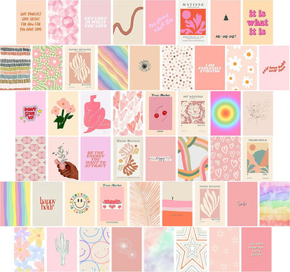 EDUS Pink Danish Pastel Room Decor, Wall Collage Kit, Aesthetic Posters Prints for Teen Girls, Dorm, 50pcs (4x6 inch), Trendy Wall Art