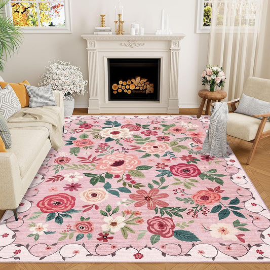 DUKINO 5x7 Area Rug, Nursery Floral Rugs for Living Room, Lightweight Non Slip Washable Rug, Indoor Low Pile & Non-Shedding Boho Design Rugs for Girls Bedroom, Kids Playroom, Dining Room, Pink