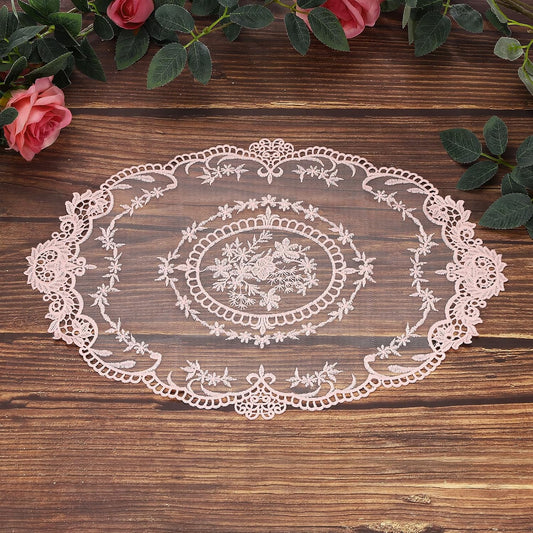 uxcell 2 Pcs Lace Placemats, 12x16-in Vintage Table Doilies Oval Embroidered Crochet Lace Dolly Cup Mat for Table Vase Home Decor, Pink