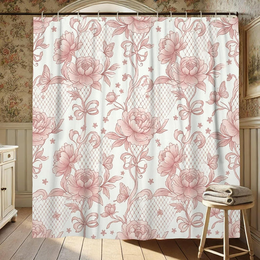 Peony Shower Curtain, Vintage Romantic Butterfly Bow Spring Peach Waterproof Fabric Design Print Bath Curtains for Home Bathroom Toile Hotel Decor 72x72 Inch
